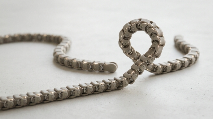 Cadena mecánica articulada forma un lazo sobre una superficie blanca, ilustrando metamateriales que aprenden.