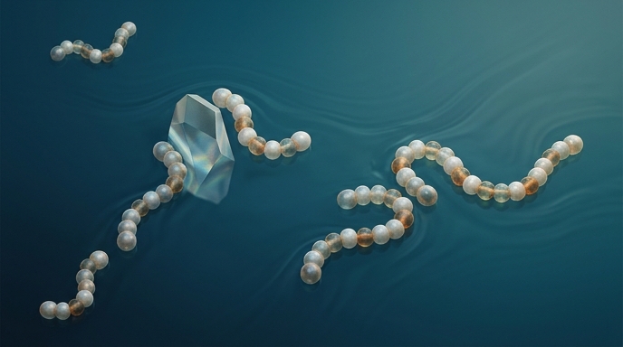 Microbots en forma de cadena nadando alrededor de un obstáculo en un entorno fluido.