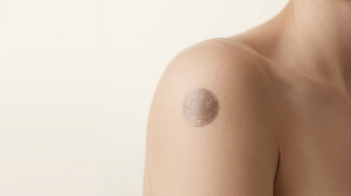 Primer plano de un parche biosensor flexible adherido a la piel de una mujer.