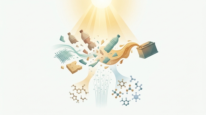 Ilustración editorial de plásticos y ácido de batería transformándose en hidrógeno y químicos bajo la luz solar.