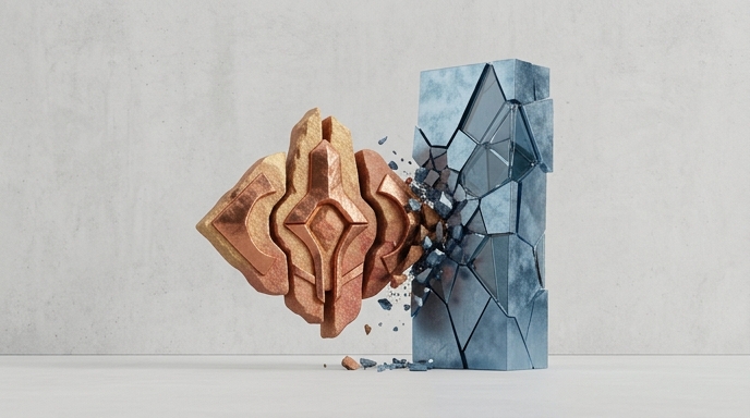 Un objeto de piedra rojiza chocando contra un bloque de hielo azul, simbolizando la incompatibilidad.