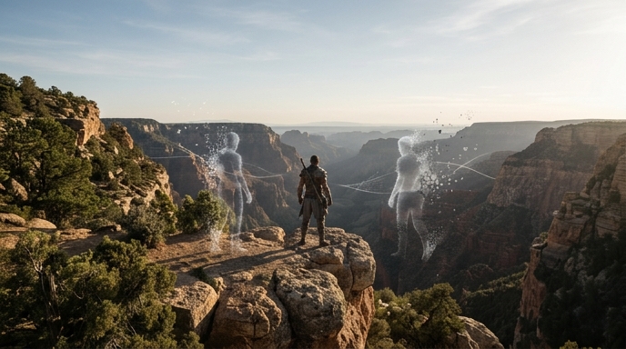 Guerrero solitario en un cañón, mirando siluetas digitales fragmentadas de otros jugadores que se desvanecen.