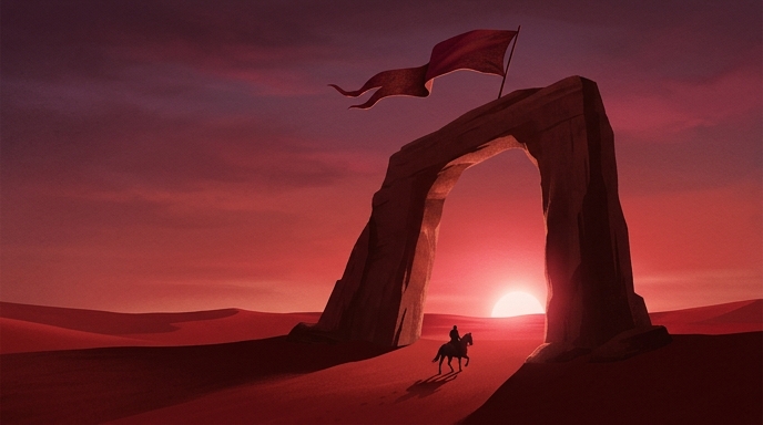 Un jinete atraviesa un desierto carmesí hacia un arco de roca coronado por una bandera roja al amanecer.