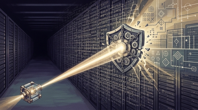 «Una ilustración editorial muestra un dispositivo cuántico proyectando un rayo de luz que rompe un escudo de datos blindado en una sala de servidores, simbolizando la vulnerabilidad de la encriptación.»