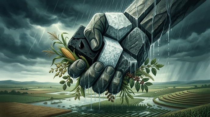 Mano de piedra triturando cultivos en América Latina, con lluvia y campos inundados. (Altos costos y clima).