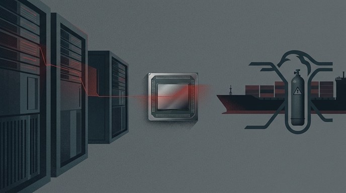 Ilustración de estilo editorial sobre la crisis de semiconductores, mostrando servidores y un barco de carga bloqueado.