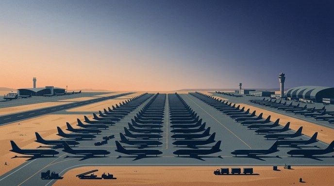 «Vista aérea de filas de aviones inmovilizados en tierra sobre el asfalto de un aeropuerto desértico al atardecer, representando cancelaciones masivas de vuelos».