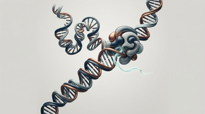 «Una molécula de ADN superenrollada con un complejo proteico que activa genes sin cortarlos.»