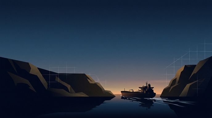 Un petrolero navegando en silencio por el estrecho de Ormuz al anochecer.