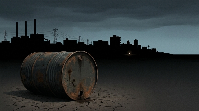 Un barril de petróleo oxidado y vacío en primer plano, con el fondo oscuro y sin electricidad de la costa de Cuba bajo un cielo crepuscular sombrío.