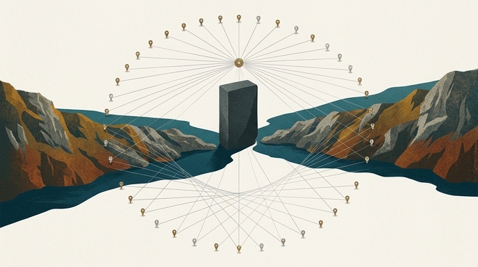 Ilustración editorial que muestra un estrecho bloqueado por un monolito, con una red de puntos conectados simbolizando la cumbre diplomática.