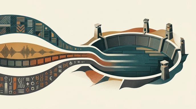 Ilustración de datos multimedia fluyendo hacia un estanque vigilado por torres, representando la plataforma de seguridad Lakewatch.