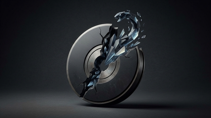 Un disco metálico roto con una serpiente de cristal emergiendo de la grieta, simbolizando malware oculto en audio.