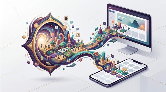 Ilustración de estilo plano que muestra un mundo virtual dinámico fluyendo hacia una pantalla de ordenador y un teléfono móvil.