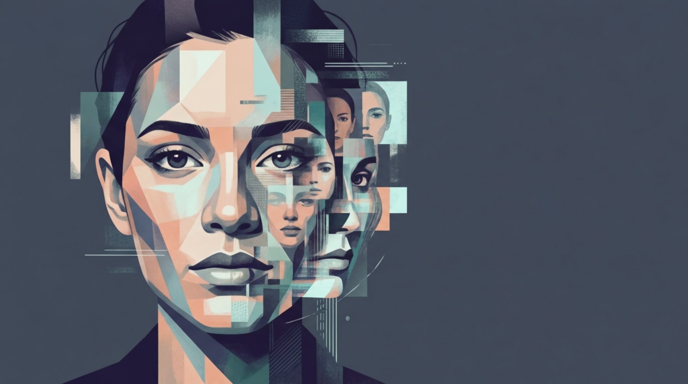 Ilustración de un rostro humano fragmentado geométricamente, simbolizando el impacto de la IA en la identidad biométrica.