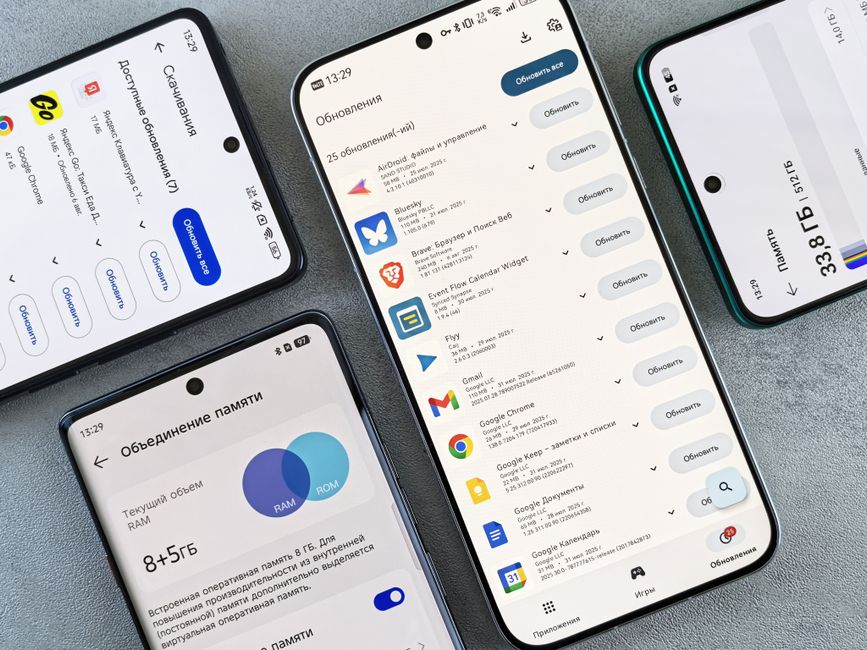 Vista superior de varios teléfonos inteligentes que muestran pantallas de actualización de aplicaciones en interiores.