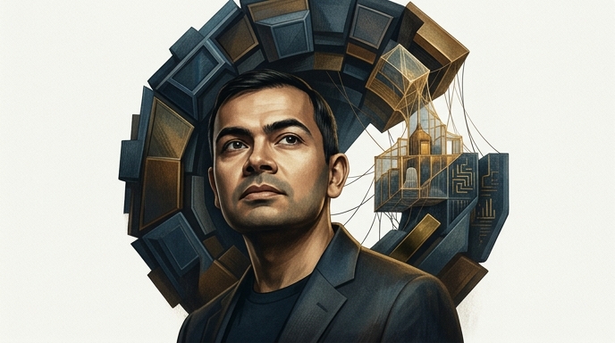 Demis Hassabis, cofundador de DeepMind, con una estructura geométrica de Google detrás, ilustrado en estilo editorial.