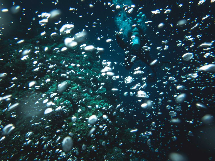 Buzo sumergido, rodeado de burbujas de aire bajo el agua, explorando las profundidades del océano.