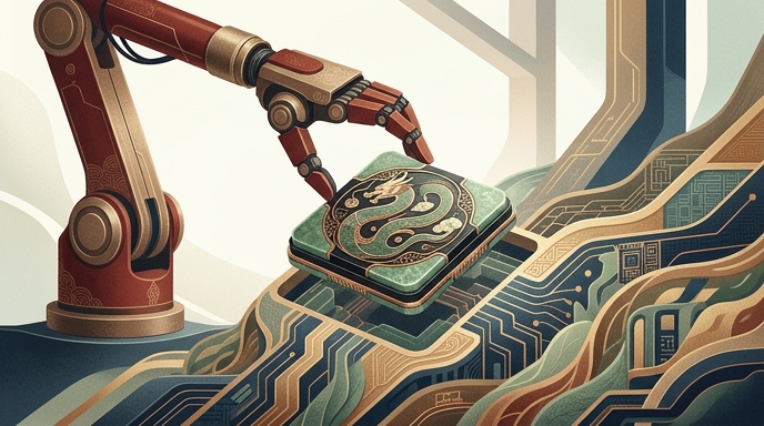 Ilustración de un brazo robótico colocando un chip decorado con un dragón chino sobre una placa de circuito.