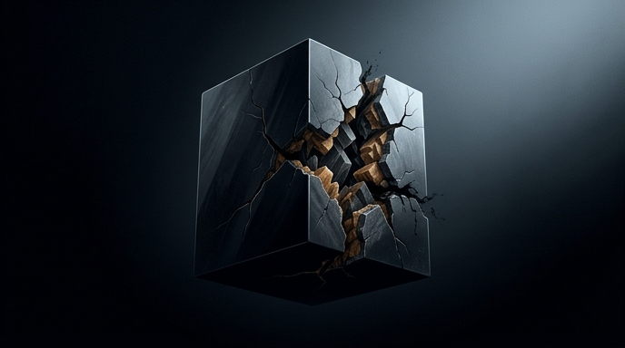 Un cubo negro monolítico y agrietado, suspendido en la oscuridad, simboliza la interrupción del servicio de DeepSeek.
