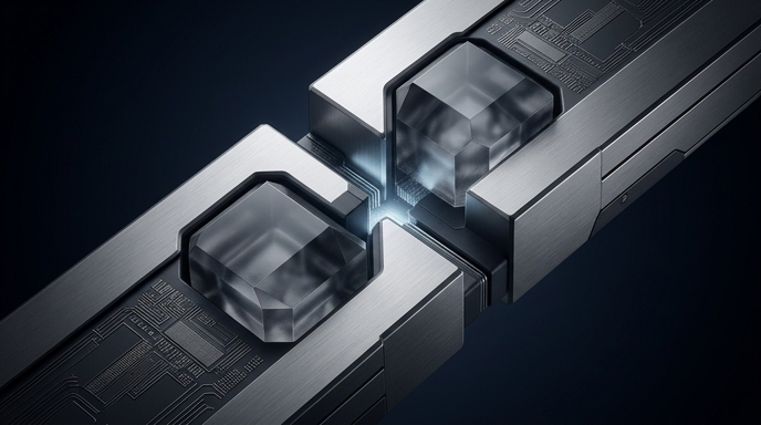 Ilustración de la integración perfecta entre estructuras de IA cristalinas y chips micrograbados.