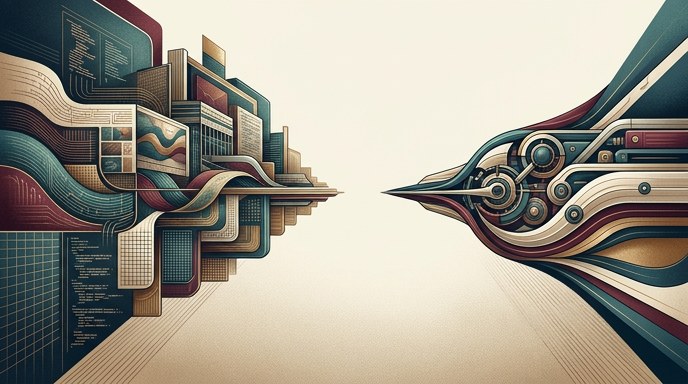 Dos estructuras abstractas que representan modelos de IA avanzados convergen en el centro, mostrando la innovación tecnológica.