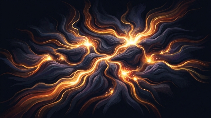 «Una ilustración editorial muestra un terreno orgánico abstracto con ríos de luz dorada y puntos calientes brillantes.»