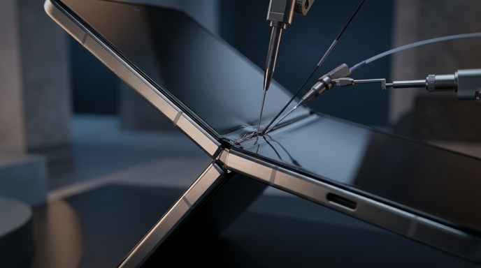 Un primer plano de un prototipo de teléfono plegable siendo examinado por delicadas sondas de ingeniería en el pliegue.