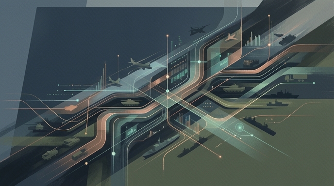 Ilustración conceptual de una red digital abstracta que conecta activos militares globales y análisis de datos.