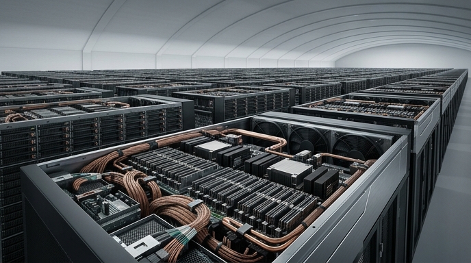 Un centro de datos masivo con filas interminables de servidores optimizados para IA.