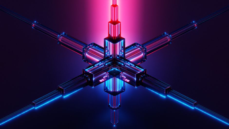 Diseño geométrico vibrante en neón con estructuras de luz futuristas brillantes.