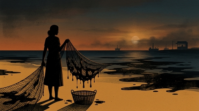 Ilustración de una pesquera sosteniendo una red goteando petróleo espeso en un cesto vacío.