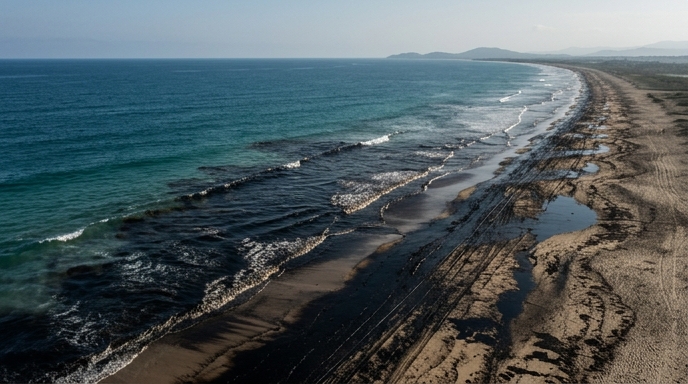 Costa mexicana contaminada por un extenso derrame de petróleo negro en el agua y la arena.