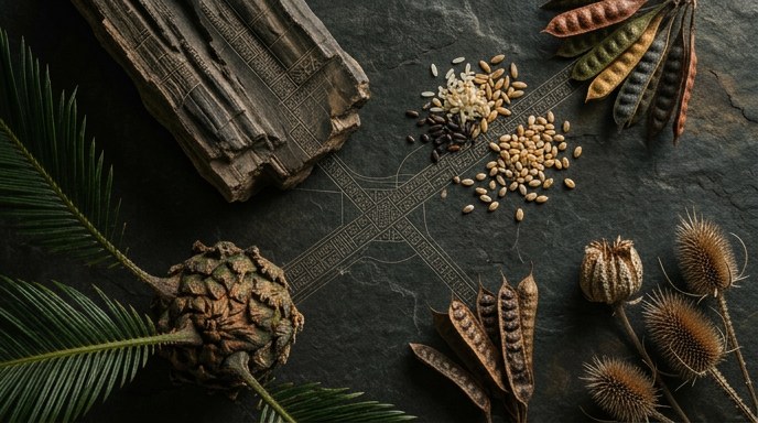 Conceptualización del ADN antiguo conservado en plantas como un mapa intrincado grabado en elementos botánicos diversos.