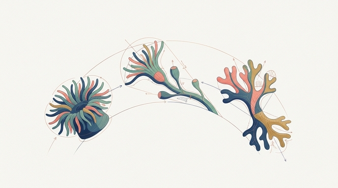 Ilustración de formas de vida marinas con diagramas geométricos superpuestos.