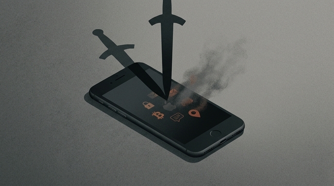 Ilustración editorial de un iPhone siendo atacado por dos espadas oscuras, con iconos de datos disolviéndose en humo.