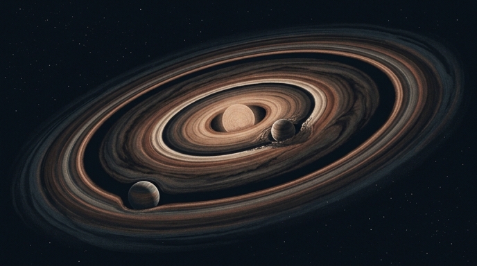 «Una ilustración editorial que captura el sistema WISPIT 2, mostrando dos exoplanetas jóvenes orbitando su estrella mientras surcan huecos claros dentro de un vasto disco protoplanetario anillado».