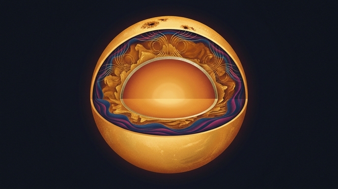Ilustración editorial que muestra un corte transversal del interior del Sol, con ondas magnéticas y capas internas.