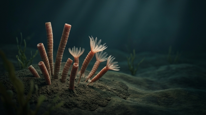 Ilustración de criaturas marinas del período Ediacárico con apéndices plumosos en el fondo marino.