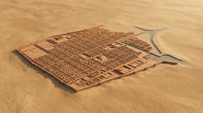 Reconstrucción arqueológica en el desierto que revela el trazado urbano y el puerto de la antigua ciudad de Alejandría del Tigris.