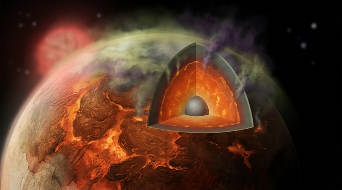 «Una ilustración del exoplaneta L 98-59 d, mostrando su interior fundido y su atmósfera llena de azufre».