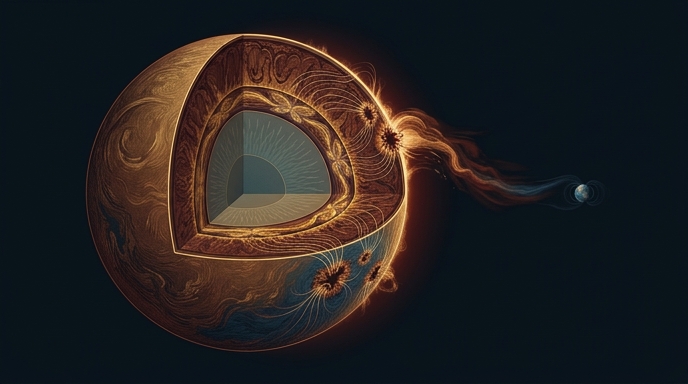 Ilustración de un corte transversal del Sol que revela capas internas y una llamarada solar dirigida a la Tierra.