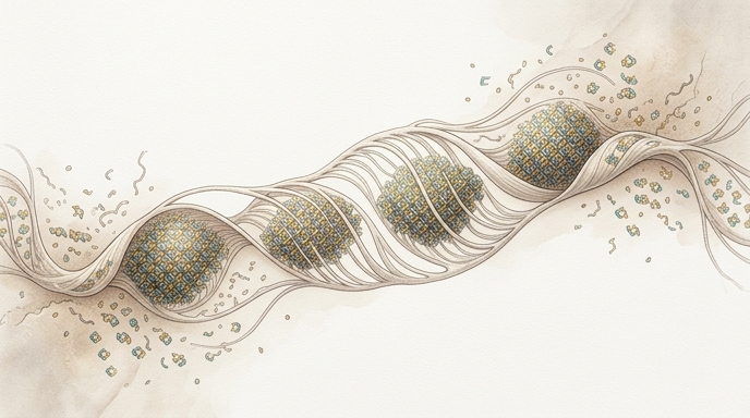 Ilustración de estilo acuarela que muestra filamentos de ADN trenzados con esferas geométricas que representan la memoria celular y la información genética.