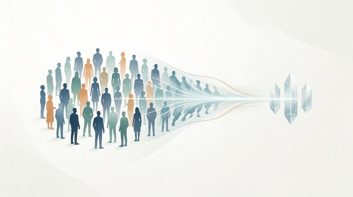 Un embudo de figuras humanas silueteadas se condensa en unos pocos prismas geométricos nítidos, representando la reducción de personal en tecnología impulsada por la IA.