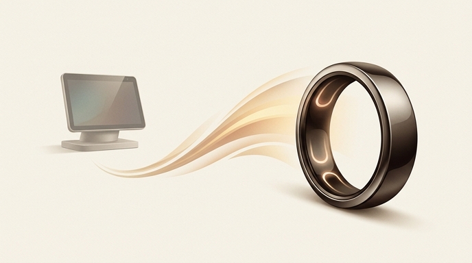 Anillo inteligente moviéndose hacia un monitor de pantalla.