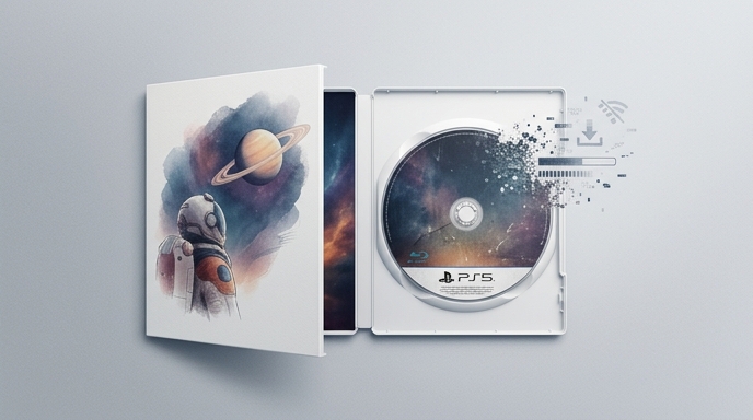 ** Una caja de juego abierta con un disco que se disuelve en iconos de descarga digital sobre un fondo minimalista.