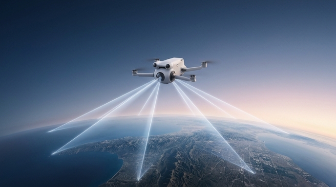 Un dron blanco sobrevolando la curvatura de la Tierra, emitiendo haces de luz azules hacia la superficie terrestre.