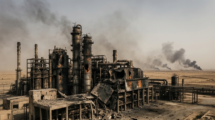Un complejo industrial en ruinas tras un ataque militar, con humo negro elevándose en un paisaje desértico.