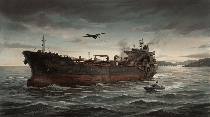 Ilustración de un petrolero turco en el Mar Negro, mostrando daños y un dron en el aire, cerca del Bósforo.