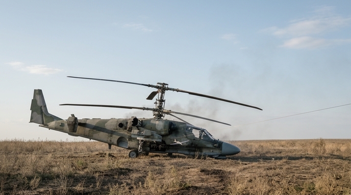 Helicóptero ruso Ka-52 Alligator dañado en un campo tras un ataque con dron, con cable de fibra óptica visible.
